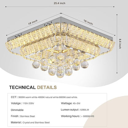 COCOSTAR 18 inch Crystal Flush Mount Chandelier Remote/APP, Modern Raindrop LED Ceiling Light, 3CCT Dimmable & Brightness Adjustable,Elegant Chandeliers for Bedroom Hallway Dinning Room Living Room