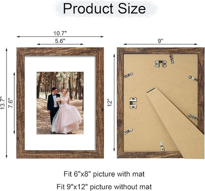 iRahmen 9x12 Picture Frame Set of 4 with Tempered Glass, Wooden Rustic Frame Display 6x8 Pictures with Mat or 9 x 12 Without Mat, Photo Frame for Wall Mount and Tabletop Display