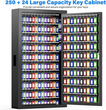 250 Keys Key Lock Box Wall Mount with Additional 24 Side Hooks and Key Tags, Anti-Theft Key Box Key Cabinet with Side Drop Slot, Key Organizer Key Safe for Home Office Garage Rental Business