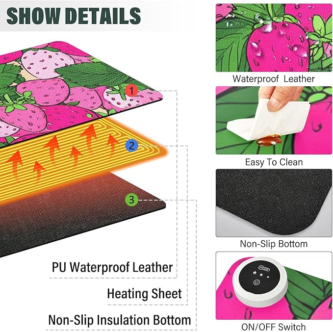 Heated Desk Pad Mouse Pad 31.5x13 Inch PU Leather Desk Mat with 3 Heat Levels Large Mouse Gaming Computer Laptop Mat Pink Cute Strawberries