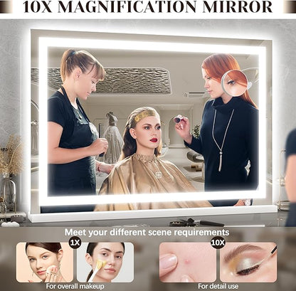 ROLOVE 31" x 22" Large Lighted Vanity Mirror with Lights, Dimmable 3 Modes, LED Makeup Mirror for Bathroom ＆ Dressing Room, Tabletop or Wall-Mounted, 10X Magnification, White