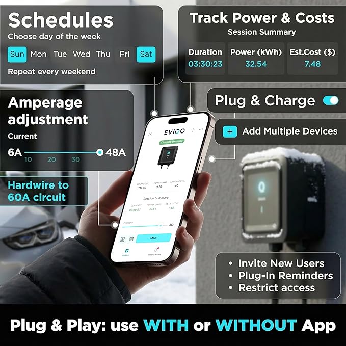 EVIQO EV Charger Level 2 48 Amp - Level 2 EV Charger Hardwired, 240V Electric Vehicle Charging Stations, J1772 Chargers 11.5kW, Wall EV Chargers for Home, EVSE EV Charging Station 25' Cord - Gen 2