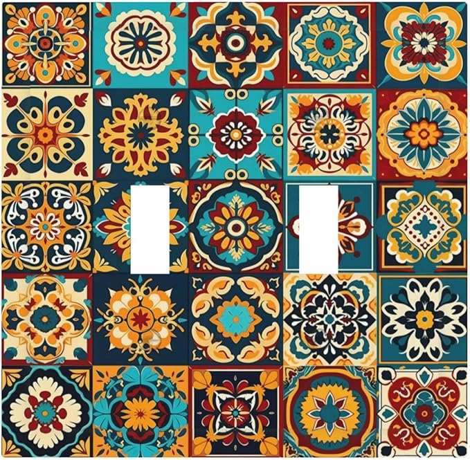 Mexican Talavera Ceramic Tile Moroccan Boho Decorative Switch Plates 2 Gang Double Toggle Outlet Light Switch Cover Wall Plate Electrical Faceplate for Bathroom Kitchen Decor