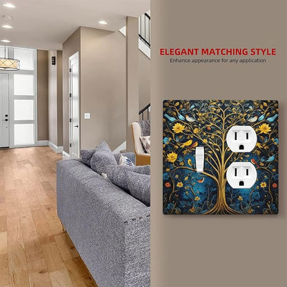 Decorative Outlet Covers Gold Tree of Life Blue Bird Yellow Flower 2 Gang Wall Plate Single Toggle Duplex Light Switch Cover Switch Plate Covers Faceplate for Bedroom Home Decor