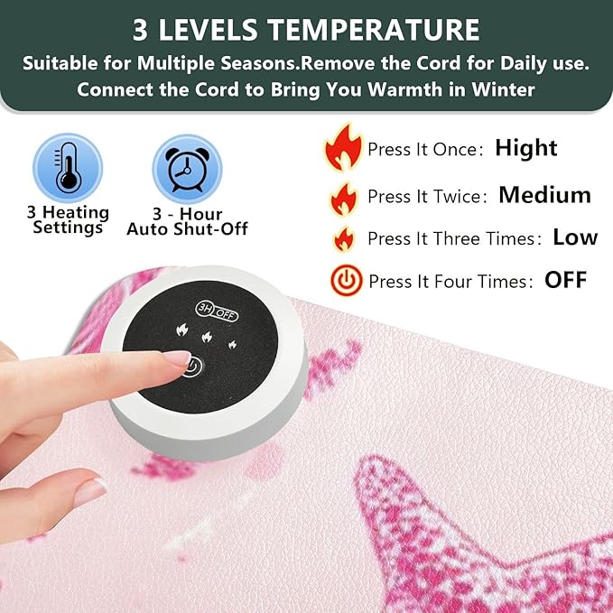 Heated Desk Pad Mouse Pad 31.5x13 Inch PU Leather Desk Mat with 3 Heat Levels Large Mouse Gaming Computer Laptop Mat Bright Pink Starfish Waves Shells