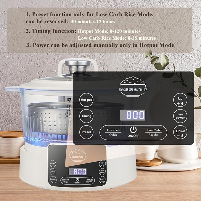 Low Carb Rice Cooker,3L Multifunction Smart Rice Cooker - 4H Keep Warm,Digital Display,Timer & Reservation Function,Suitable for Cooking,Simmering,Stewing,and Steaming(3L,Beige)
