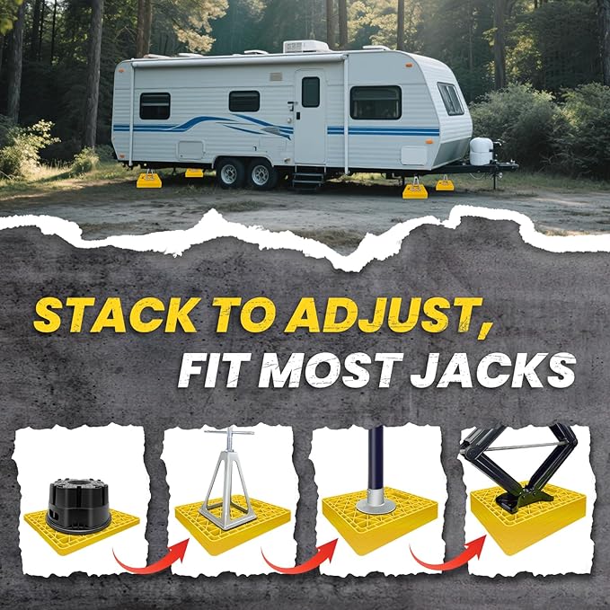 ROBLOCK Large RV Jack Stabilizer Pads,Sinking Resistant Stackable Camper Stabilizer Pads with Easy-Grip Handle and Handy Strap, Easy Storage & Organization, Yellow 4 Pack 14" x 12"