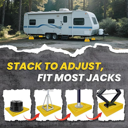 ROBLOCK Large RV Jack Stabilizer Pads,Sinking Resistant Stackable Camper Stabilizer Pads with Easy-Grip Handle and Handy Strap, Easy Storage & Organization, Yellow 4 Pack 14" x 12"