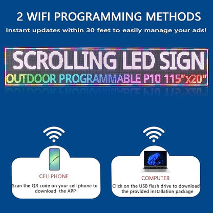 HS P10 115'’x20’’ Programmable Led Sign, Outdoor Digital Scrolling Signs, Open Neon Signs, Electronic Message Display Screen Banner Board, Full Color High Brightness WIFI Control Customized text for Business Store Advertising Restaurant Window