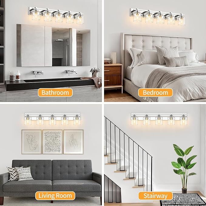 5 Light Modern Bathroom Light Fixtures Over Mirror, Chrome Vanity Lights for Bathroom Wall Sconces with Clear Glass Shades, E26 Socket (Bulbs Not Included)