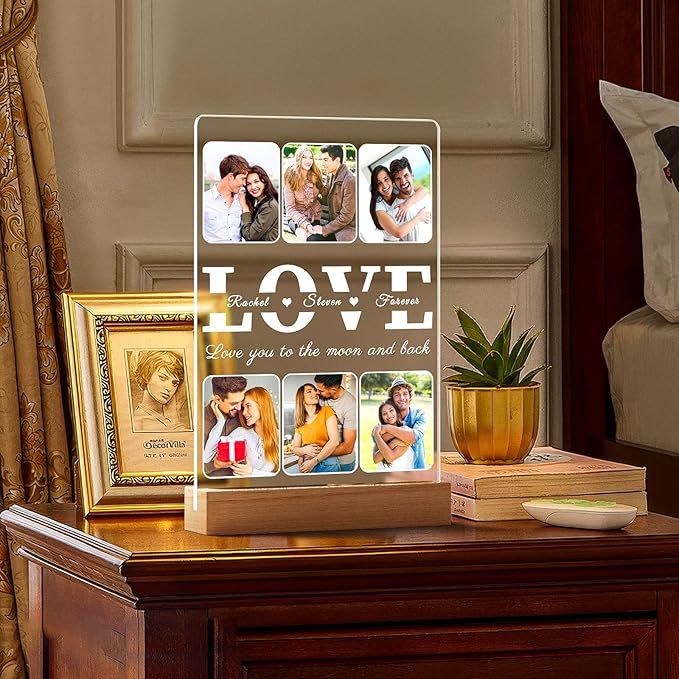 Personalized Picture Frame with Photo, Custom Photo Frame with Night Light, Custom Picture Frames, Customized Anniversary Valentines Day Gifts for Her Him Women Men Girlfriend Boyfriend Couples