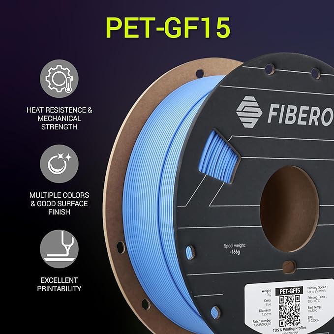 Polymaker Fiberon Blue PET-GF15 3D Printer Filament 1.75mm 1KG, 15% Glass Fiber Reinforced, High Strength & Heat Resistance, Ideal for Automotive, Industrial & Functional Parts, AMS Compatible