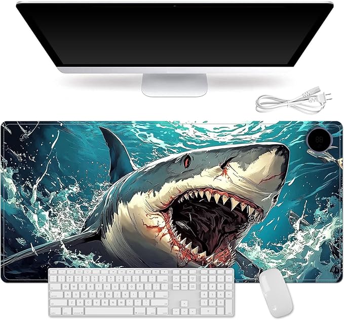 Heated Mouse Pad for Desk 31.5" x 13" – PU Leather Warm Desk Pad with 3 Heat Levels (104°F/113°F/122°F), Plug-in Electric Heating Mat with Auto Shut-Off, Waterproof & Rollable, Angry Shark