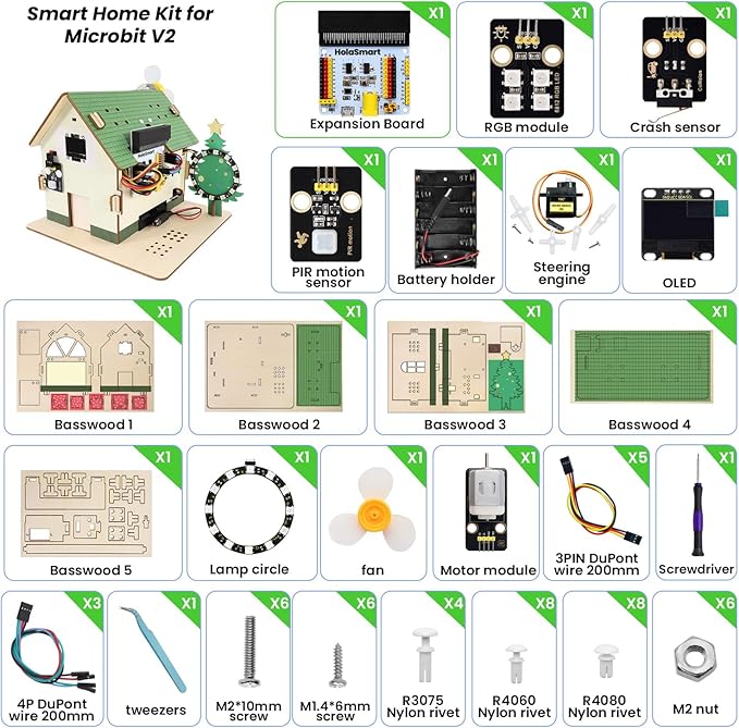 microbit Smart Home Kit for microbit v1 and v2,STEM Education Kit with Online Tutorial(Without Micro:bit and AAA Battery),Green