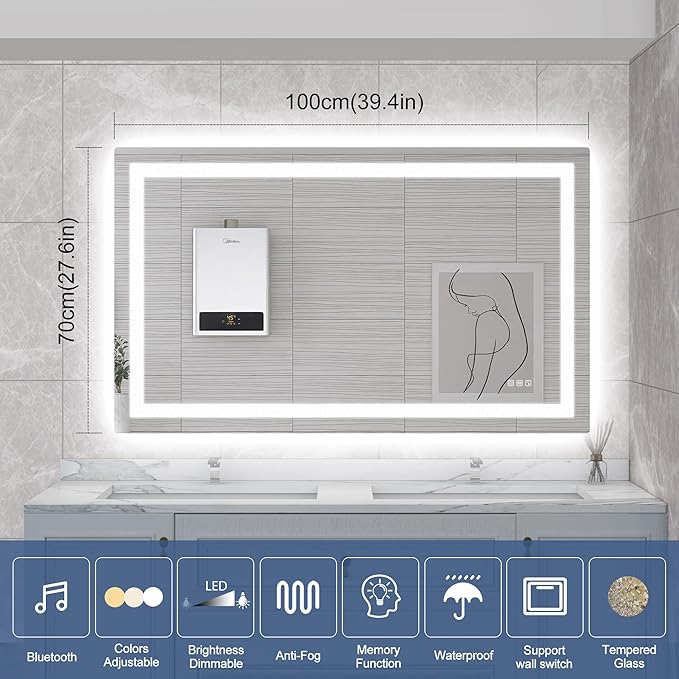 STARLEAD Led-Bathroom-Mirror-with-Lights, 40"x28" Wall-Mounted with 3 Colors Dimmable Light, Bluetooth Speaker, Anti-Fog, Memory, Tempered Glass, Front & Backlit (Horizontal/Vertical)