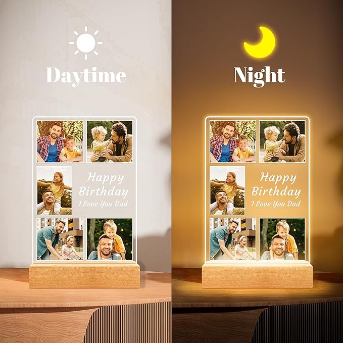Personalized Birthday Gifts for Dad from Daughter Son, Custom Picture Frames with Night Light, Customized Photo Frame with Photos, Personalized Gifts for Dad, Baby, Kids, Family