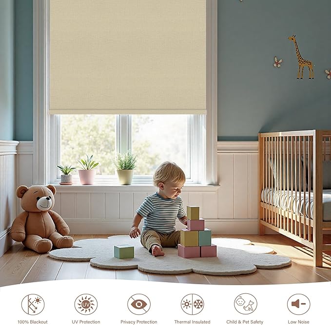 Motorized Roller Blinds with Remote, 100% Blackout Automatic Roller Shades for Bedroom, Bathroom, and Living Room, Customized Size, Morning Beige