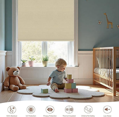 Motorized Roller Blinds with Remote, 100% Blackout Automatic Roller Shades for Bedroom, Bathroom, and Living Room, Customized Size, Morning Beige