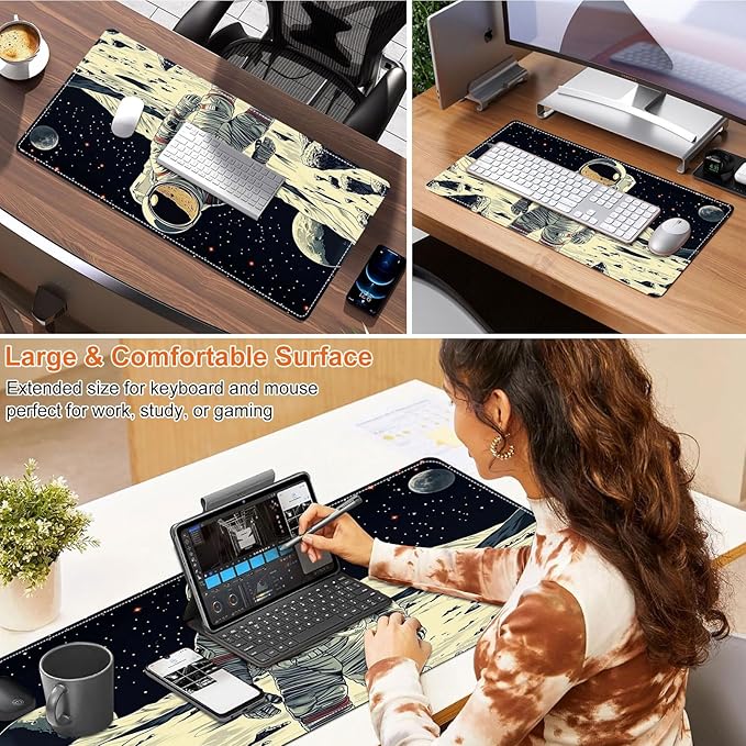 Small Heated Desk Pad 23.6" x 14.2" – Compact Electric Mouse Pad with 3 Heating Levels, Auto Shut-Off, Waterproof PU Surface, Plug-in Warmer for Office or Home Use, Astronaut on Moon