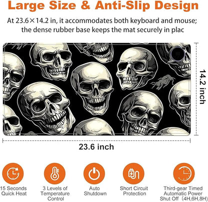 Small Heated Desk Pad 23.6" x 14.2" – Compact Electric Mouse Pad with 3 Heating Levels, Auto Shut-Off, Waterproof PU Surface, Plug-in Warmer for Office or Home Use, Skull Pattern