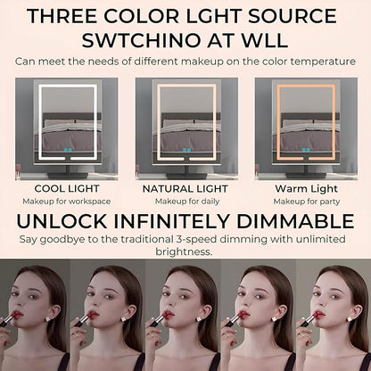 Makeup Mirror with Lights, 12.6 x 17.7 Inch LED Vanity Mirror, Lighted Makeup Mirror with Dimmable 3 Modes, Smart Touch Control, Aluminum Frame and Tempered Glass Base, Bronze
