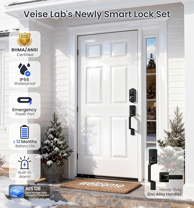 Veise VE017-D Fingerprint Smart Front Door Lock Set, App Control, 8-in-1 Keyless Entry Deadbolt with Lever Handle, Emergency Power Port, Auto Lock, Touchscreen Keypad, Easy Install, Matte Black