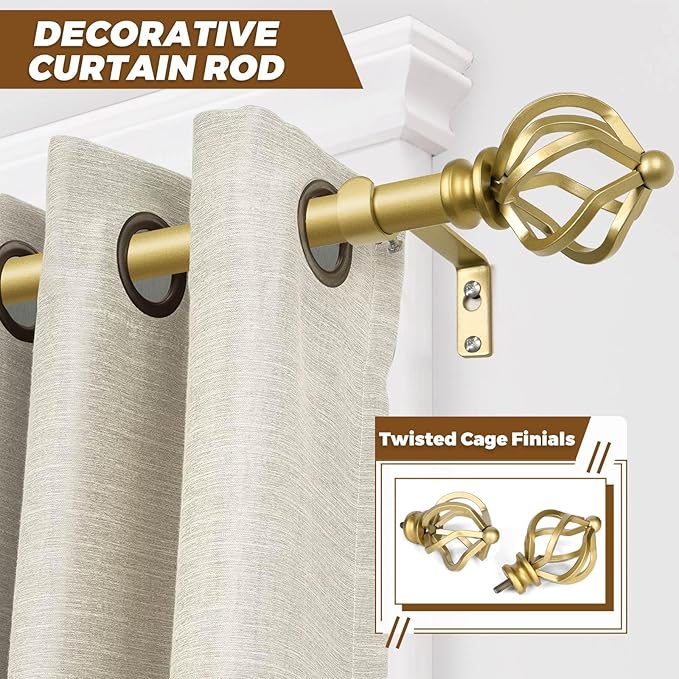 KAMANINA Gold Curtain Rods for Windows 48 to 84 Inch, Adjustable Single Curtain Rod 32 to 86 Inch(2.6-7.1ft), 3/4 Inch Splicing Drapery Rods with Twisted Cage Finial