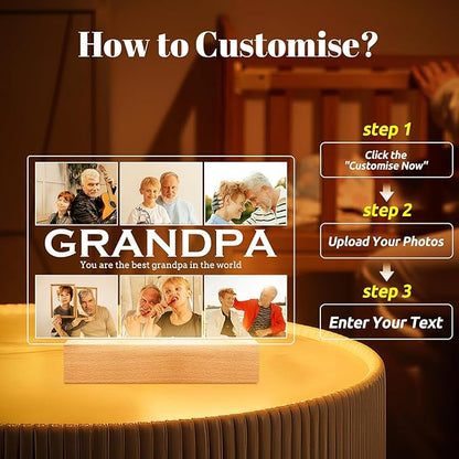 Personalized Gifts for Grandpa from Daughter Son, Custom Picture Frames with Photos, Customized Photo Frame with Night Light, Personalized Birthday Gifts for Grandpa Baby Kids Family