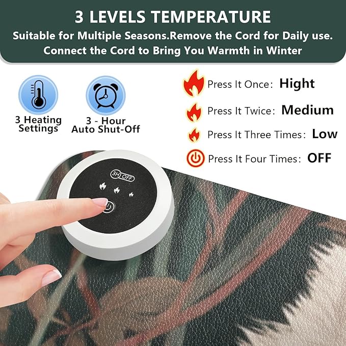 Heated Desk Pad Mouse Pad 31.5x13 Inch PU Leather Desk Mat with 3 Heat Levels Large Mouse Gaming Computer Laptop Mat White Wolves Peony Flowers