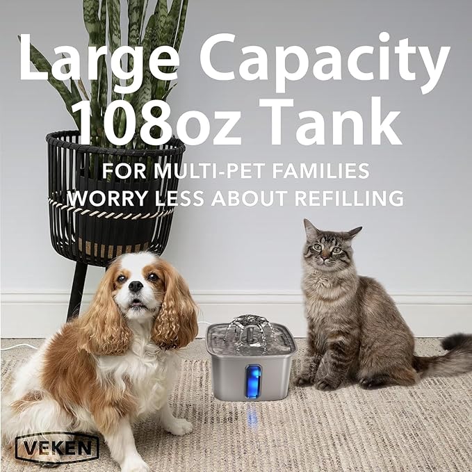 Veken Innovation Award Winner Stainless Steel Cat Water Fountain, 108oz/3.2L Automatic Pet Fountain Dog Water Dispenser with Replacement Filters & Silicone Mat for Cats, Dogs, Multiple Pets (Silver)