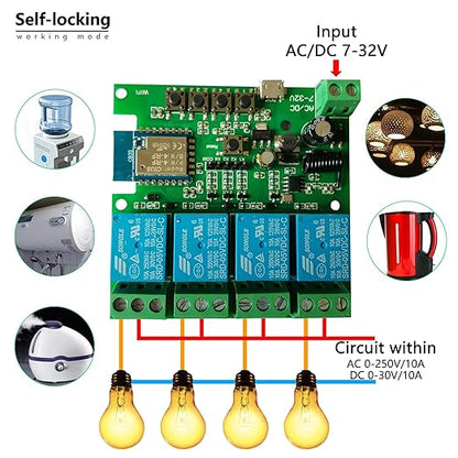 Jane Eyre WiFi Relay Module 4 Channel Smart Switch Momentary/Self-Locking/Lock Switching for Tuya/Smart Life APP,DIY Garage Door, Compatible with Alexa and Google Assistant