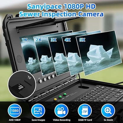 Sanyipace Sewer Camera Self Leveling, Drain Camera 100FT/30M with Meter Counter, 10" HD 1080p Plumbing Cameras with 12 LEDs, IP68 & 32GB DVR, Industrial Endoscope for Duct Sewer Line Pipe Inspection