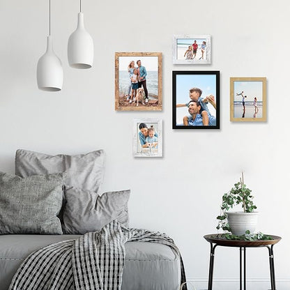 iRahmen 5x7 Picture Frame Set of 4, High Definition Real Glass 5 x 7 Photo Frames for Desktop Display and Wall Mounting(Distressed White+Oak+Rustic Brown+Black)