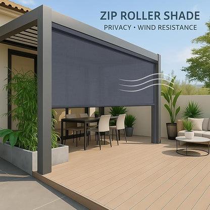 ZSHINE Hard-Wired Outdoor Snow Blocking Weatherproof Motorized Patio Roller Shades Remote Control for Porch Balcony Customized Size (Grey 1% Openness)