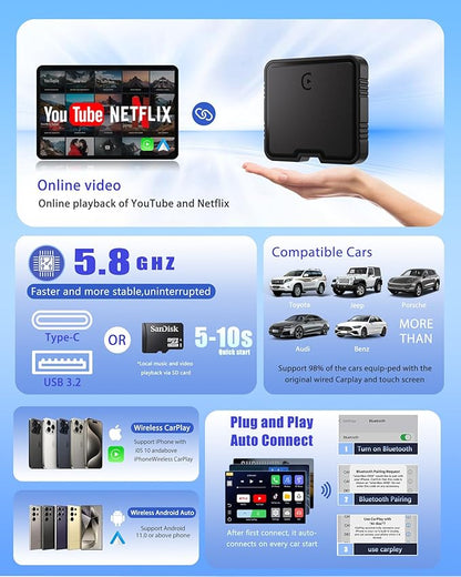 Wireless CarPlay Adapter AI Box for iPhone & Android Auto – YouTube & Netflix Support, TF Card Offline Playback, Plug and Play, Wired to Wireless Conversion, Stable 5.8GHz WiFi & Bluetooth 5.3