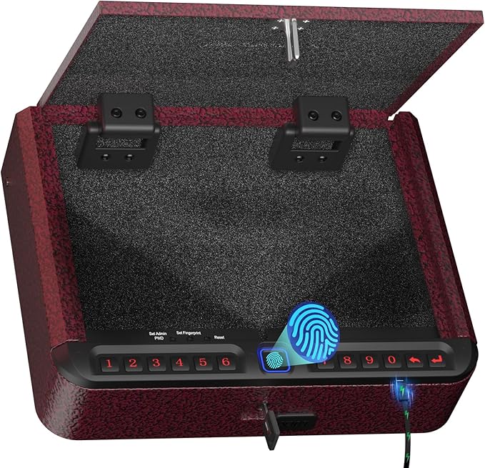 BILLCONCH Gun Safe for Handgun - Biometric Pistol Safe 4 Ways Quick Access with Fingerprint/Full-digital Keypad/Key/APP Lock and Security Cable for Nightstand Bedside Home - Burgundy Red