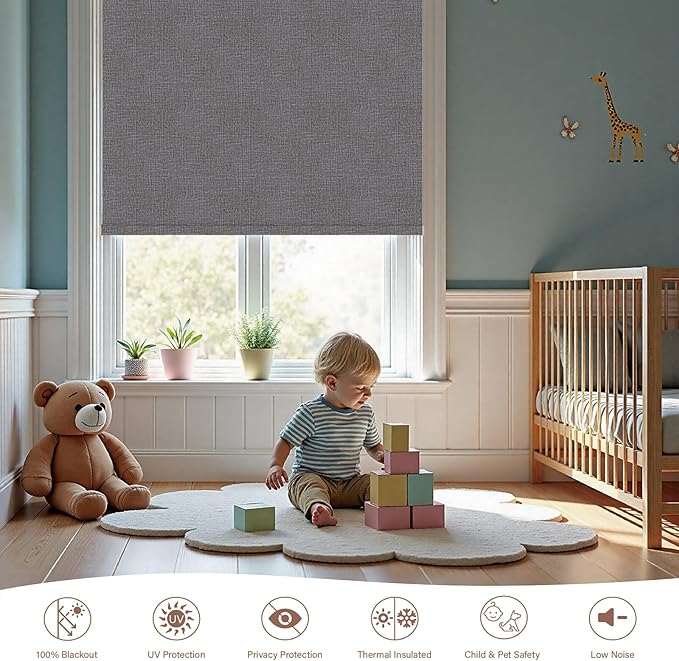Motorized Roller Blinds with Remote, 100% Blackout Automatic Roller Shades for Bedroom, Bathroom, and Living Room, Customized Size, Carbon Gray