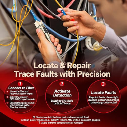 VFLVisual Fault Locator Kit 50mw,Fiber Optic Cable Tester Tool Kit,Fiber Red Light Pen Tester with 2.5mm Universal Connector 2pcs FC-LC Adapter & 1pc LC, SC, FC Coupler & 3 1.5m Patch Cords