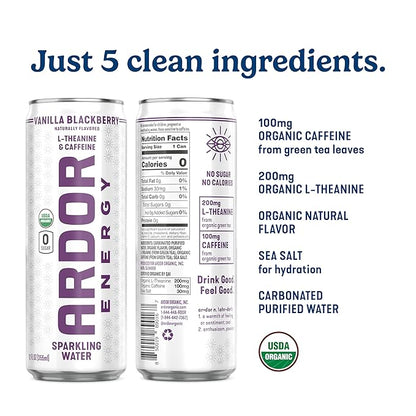ARDOR ENERGY Sparkling Water with 100mg Natural Caffeine & 200mg L-Theanine from Organic Green Tea for Smooth Energy & Focus | Healthy Energy Drink | No Sugar, Zero Calories, Vegan, Gluten-Free | Vanilla Blackberry (Pack of 12, 12oz cans)
