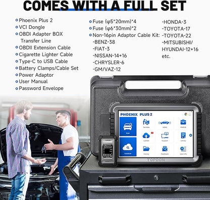 TOPDON Phoenix Plus 2 Bidirectional Scan Tool with Battery Tester, 2 Years Free Update, OE-Level Full Diagnosis, Topology Scanner, 40+ Reset Services, AutoAuth for FCA SGW