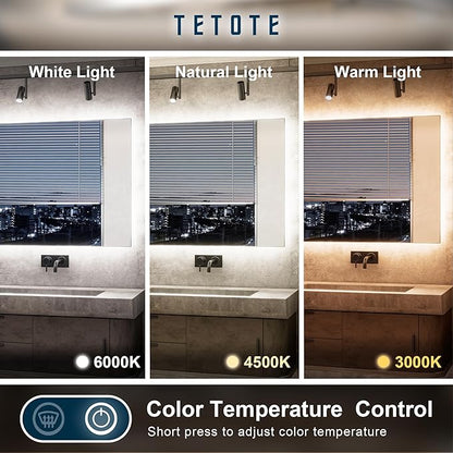 TETOTE 48 x 36 Inch LED Backlit Bathroom Mirror with Lights, 3Color White/Warm/Natural, Anti-Fog Lighted Mirror,Dimmable,Vanity Mirror,Wall Mounted