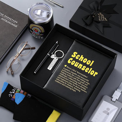 6 Pcs School Counselor Appreciation Gifts for Men Counselor Thank You Gifts 12 oz Stainless Steel Cup Socks Keychain Pen Notebook Box for School Counsellor Guidance Counseling Teacher