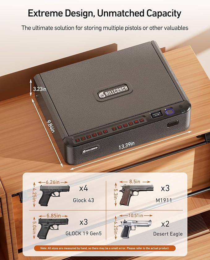 BILLCONCH Smart Gun Safe with Security Cable - Biometric Pistol Safe for Handgun 4 Ways Quick Access with Fingerprint/Keypad/Key/APP Lock, for Nightstand Bedside Home Car with LCD and Voice Guide