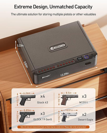 BILLCONCH Smart Gun Safe with Security Cable - Biometric Pistol Safe for Handgun 4 Ways Quick Access with Fingerprint/Keypad/Key/APP Lock, for Nightstand Bedside Home Car with LCD and Voice Guide