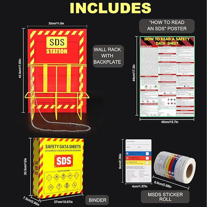 MSDS SDS Binder and Wall Station,Yellow Heavy Duty 3 Inch Material Safety Data Sheet 3 Ring Binder with SDS Wire Rack and Display Sign, Chain,Mounting Hardware,Safety Posters,MSDS Labels
