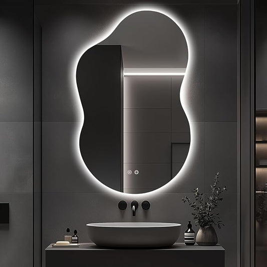48"x30" Irregular LED Lighted Vanity Mirror for Bathroom, Backlit Only, Anti-Fog, 3-Color Dimmable Lighting, Wall Mount [Horizontal/Vertical]