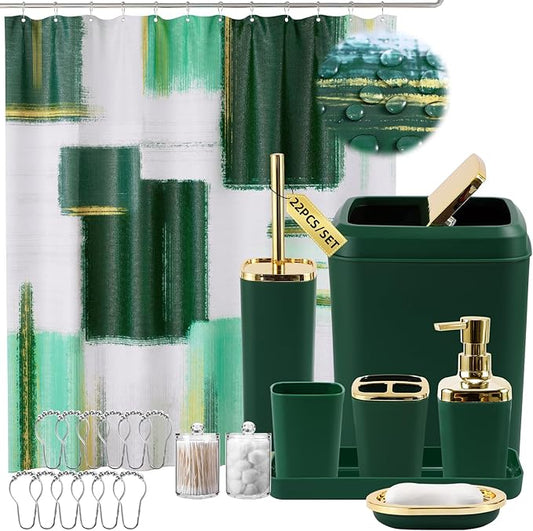 Green and Gold Bathroom Accessories Set, Bathroom Sets with Shower Curtain, Green Bathroom Accessories with Trash Can, Soap Dispenser, Soap Dish, Toilet Brush Holder, Qtip Holders