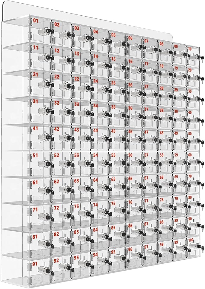 100 A Slots Cell Phone Locker Box, Clear Phone Storage, Acrylic Cell Phone Lock Box with Door Locks and Keys, Wall Mounted Cell Phones Cabinet for Office School Classroom Factory