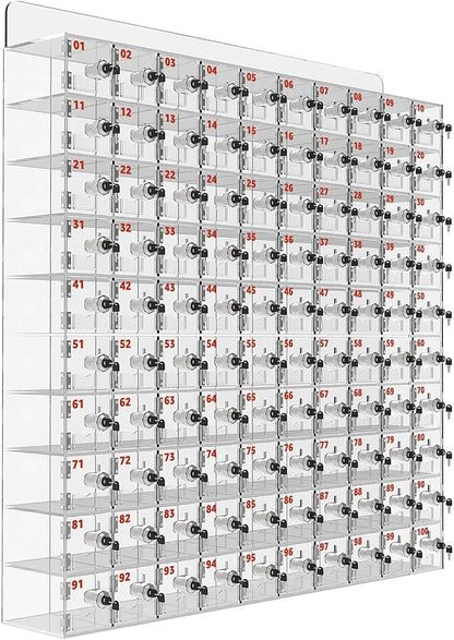 100 A Slots Cell Phone Locker Box, Clear Phone Storage, Acrylic Cell Phone Lock Box with Door Locks and Keys, Wall Mounted Cell Phones Cabinet for Office School Classroom Factory