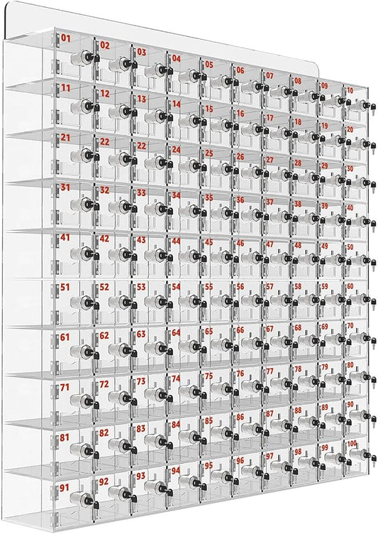 100 A Slots Cell Phone Locker Box, Clear Phone Storage, Acrylic Cell Phone Lock Box with Door Locks and Keys, Wall Mounted Cell Phones Cabinet for Office School Classroom Factory